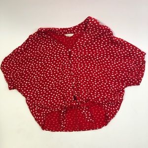 Red tie front shirt with white heart pattern